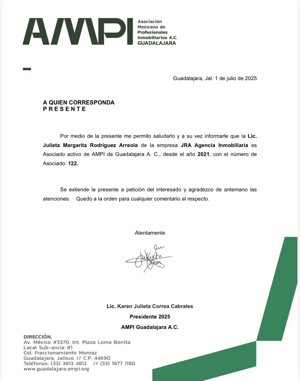 Carta de membresía AMPI 2025 — Julieta Arreola