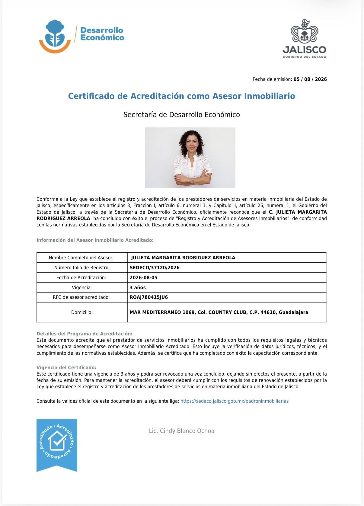 Certificado de Acreditación SEDECO — Asesor Inmobiliario Acreditado