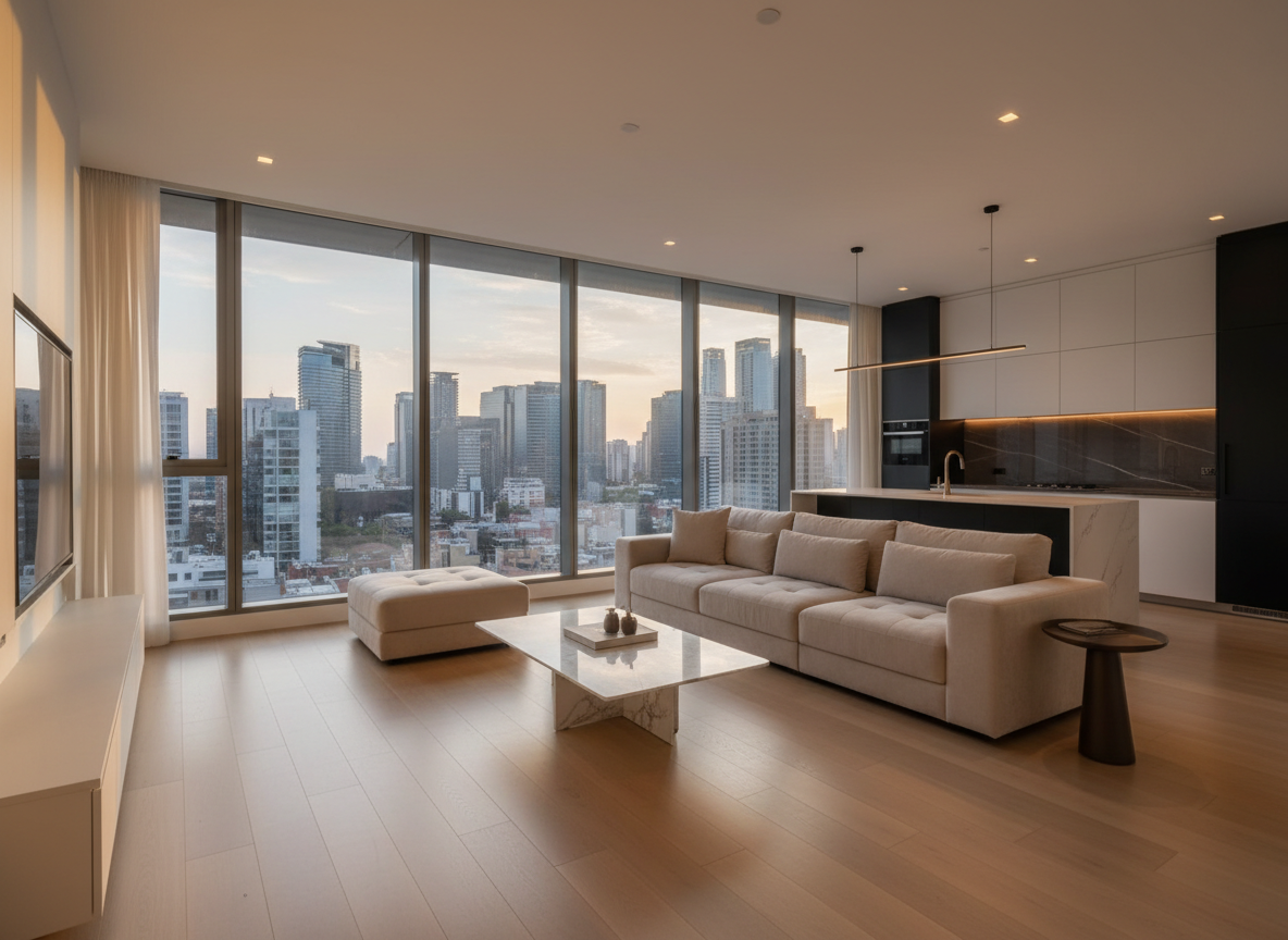 Vista amplia y luminosa de una sala de estar de un departamento premium en preventa, con ventanales de piso a techo que muestran el skyline moderno de Guadalajara al atardecer. El espacio tiene pisos de madera clara satinada, un sofá modular color arena con textura suave y una mesa de centro de mármol blanco con vetas grises. La luz dorada entra suavemente, creando reflejos elegantes sobre las superficies y sombras delicadas. Al fondo, una cocina integral minimalista en tonos blanco y negro con detalles metálicos cepillados. Fotografía realista, encuadre a nivel de los ojos con regla de tercios, profundidad de campo media que mantiene todo el ambiente nítido, transmitiendo sofisticación, calma y exclusividad inmobiliaria.