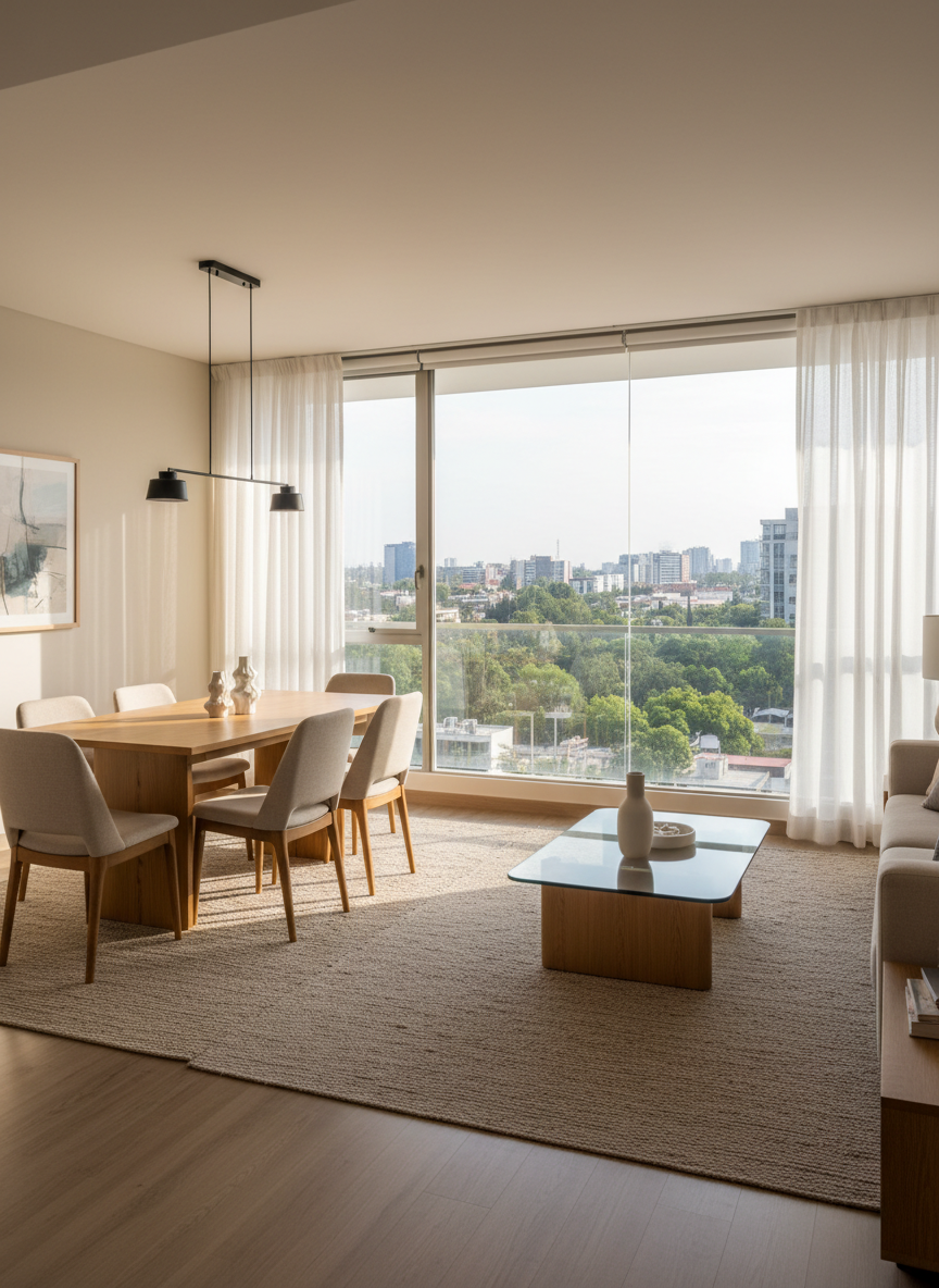 Espacio abierto tipo sala-comedor de un departamento en preventa completamente amueblado con estilo contemporáneo cálido: mesa de comedor de madera clara con superficie satinada, sillas tapizadas en beige suave y lámpara colgante minimalista en metal negro mate. En la sala, alfombra tejida en tonos neutros, mesa de centro de cristal grueso y detalles decorativos sutiles en cerámica blanca. Un ventanal se abre a una vista verde de la ciudad de Guadalajara. La luz de media mañana entra filtrada por visillos blancos, generando un ambiente sereno y habitable. Fotografía realista, encuadre horizontal amplio, con profundidad de campo nítida en todo el espacio, transmitiendo confianza, confort y alto nivel de diseño para compradores y arrendatarios exigentes.