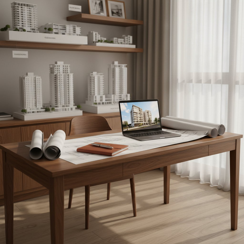 Elegante estudio de trabajo inmobiliario contemporáneo, sin presencia humana, con un escritorio de madera nogal de líneas limpias, una laptop abierta, planos arquitectónicos desplegados y una pluma metálica sobre una libreta de piel color terracota. Detrás, un muro con repisas minimalistas exhibe maquetas blancas de desarrollos inmobiliarios en Guadalajara y Puerto Vallarta. Luz natural suave entra por una ventana lateral con cortinas de lino claro, generando sombras tenues. La composición en fotografía realista se captura a nivel de mesa con ligera vista en diagonal, fondo ligeramente desenfocado para crear profundidad. El ambiente transmite profesionalismo cálido, atención personalizada y una experiencia premium en la compra de propiedades en preventa.