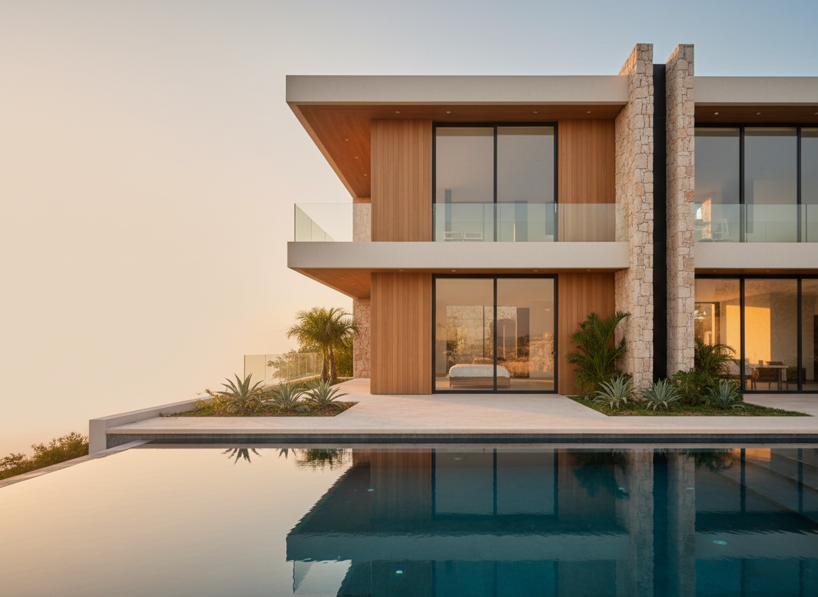 Fotografía realista de arquitectura residencial de lujo en preventa en México, exterior de una casa o condominio contemporáneo al atardecer con alberca infinita.